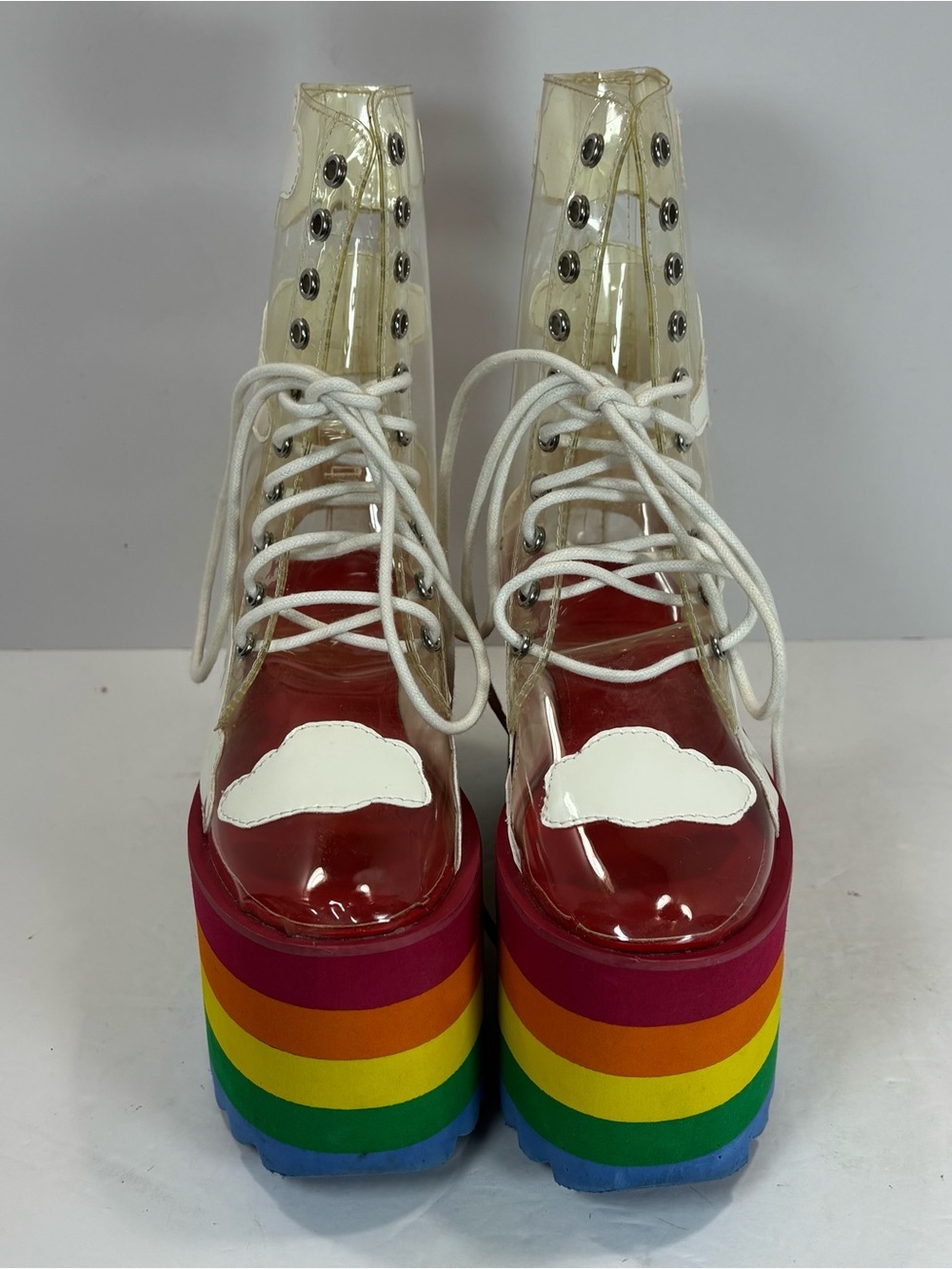 Dolls Kill Current Mood Happy Daze Rainbow Platform Clear Pride Boots Size 5 - Picture 2 of 10